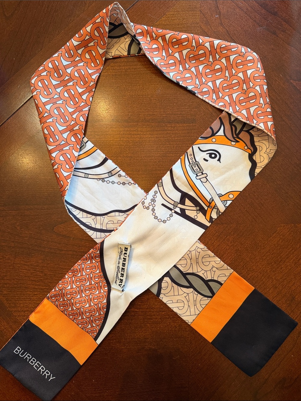 Burberry Orange and Cream Patterned Silk Scarf Wrap